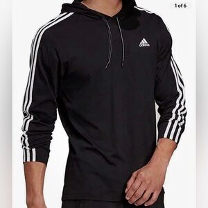 NWT Adidas Men's Black Hooded aeroready long sleeve T-shirt 3 stripe size medium